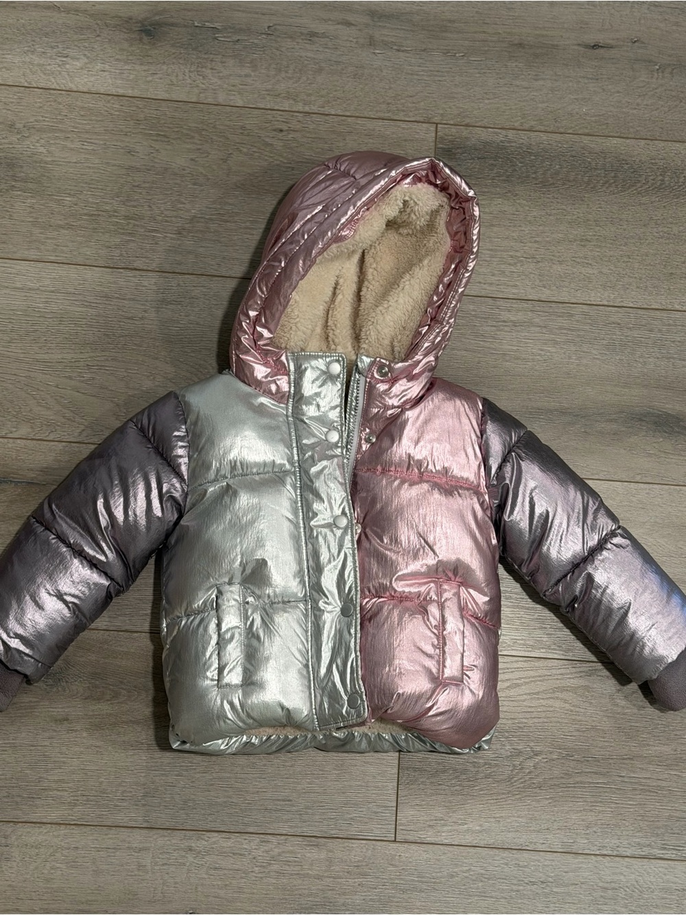 GAP Metallic Pink, Silver & Iridescent Hooded Puffer Jacket for Kids